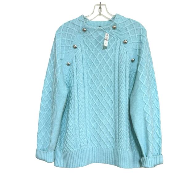 Talbots Sweaters - Talbots Women’s XL 16/18  Blue Cable Knit Mock Neck Sweater Silver Buttons